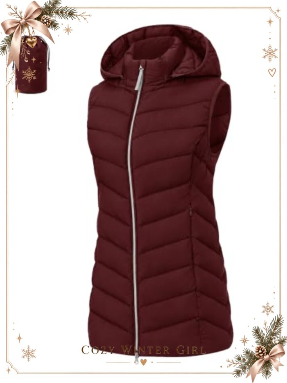 Hooded Long Puffer Vest Lightweight Packable Quilted Zip Sleeveless Coat